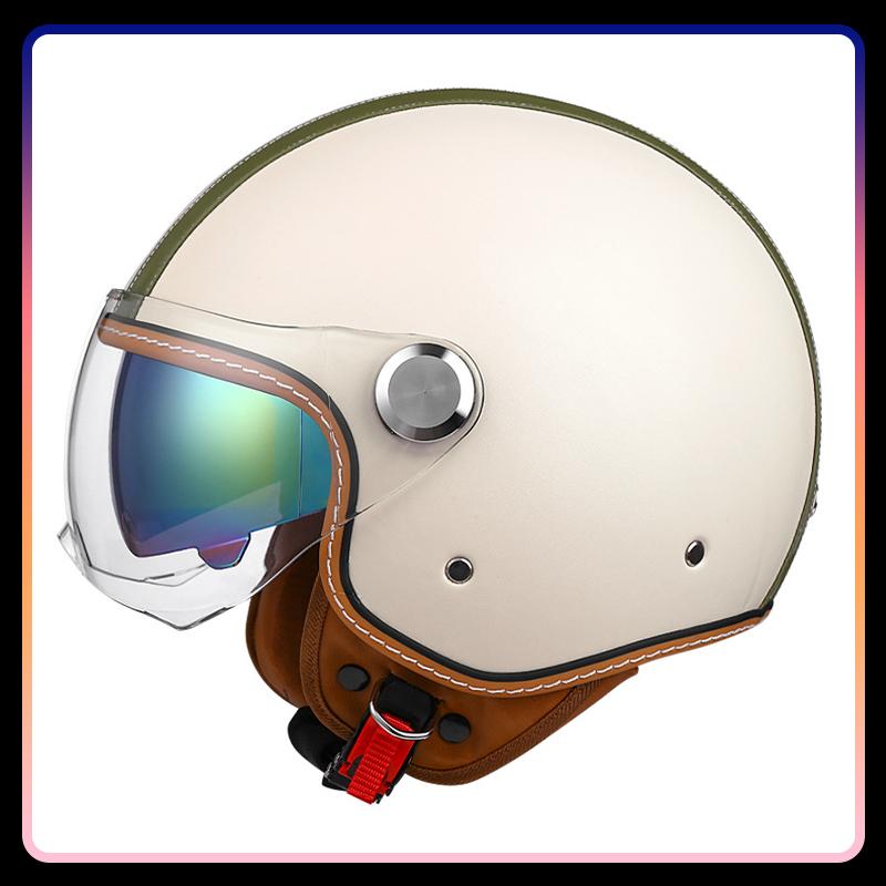 Daul Lens Open Face Motorcycle Helmets Leather Retro 3/4 Jet Moto Helmet with Double Visor Safety Riding 3/4 Half Helm DOT