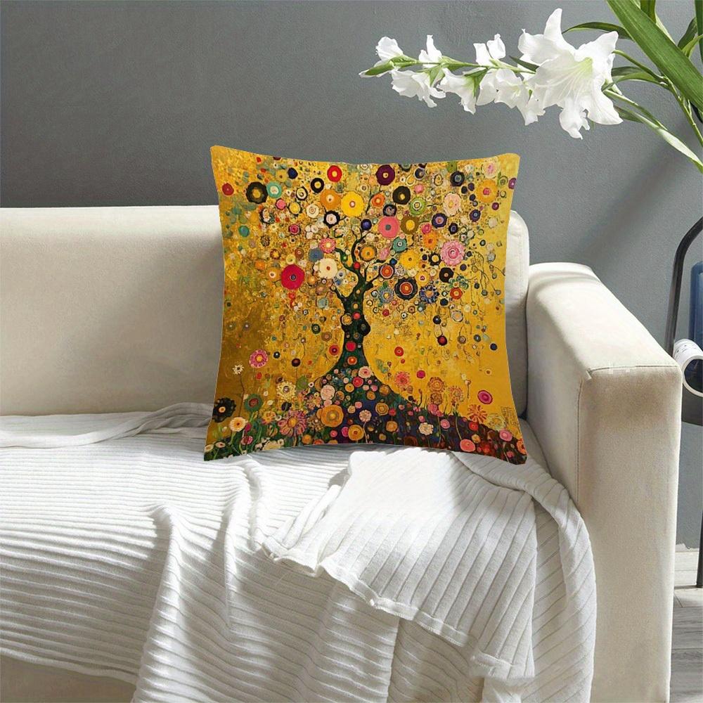 1Pc Gustav Klimt Inspires Tree Life And Floral Pillowcase - Golden Leaf Background, Vivid Single-Sided Printing, Zipper Closed