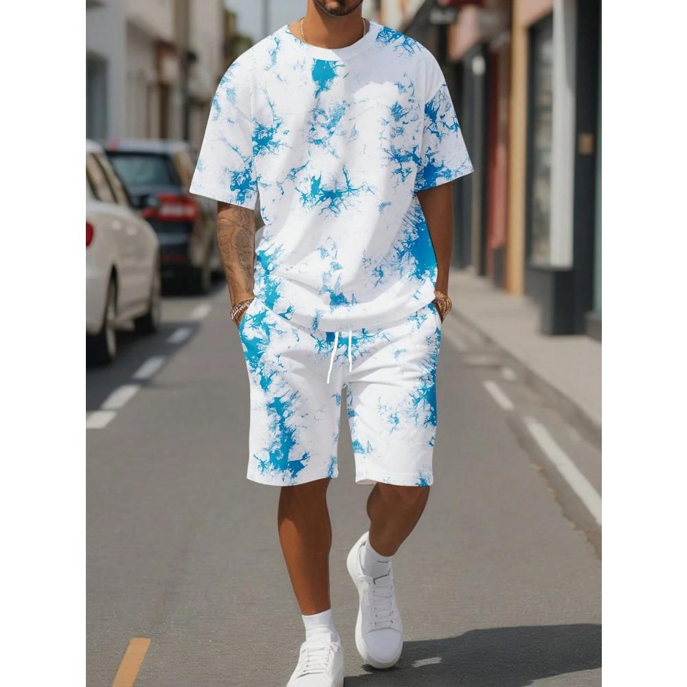 Set da 2 pezzi T-shirt con Stampa Floreale Bianca e Nera da Uomo Pantaloncini Girocollo Manica Corta Pantaloncini Vita Elastica