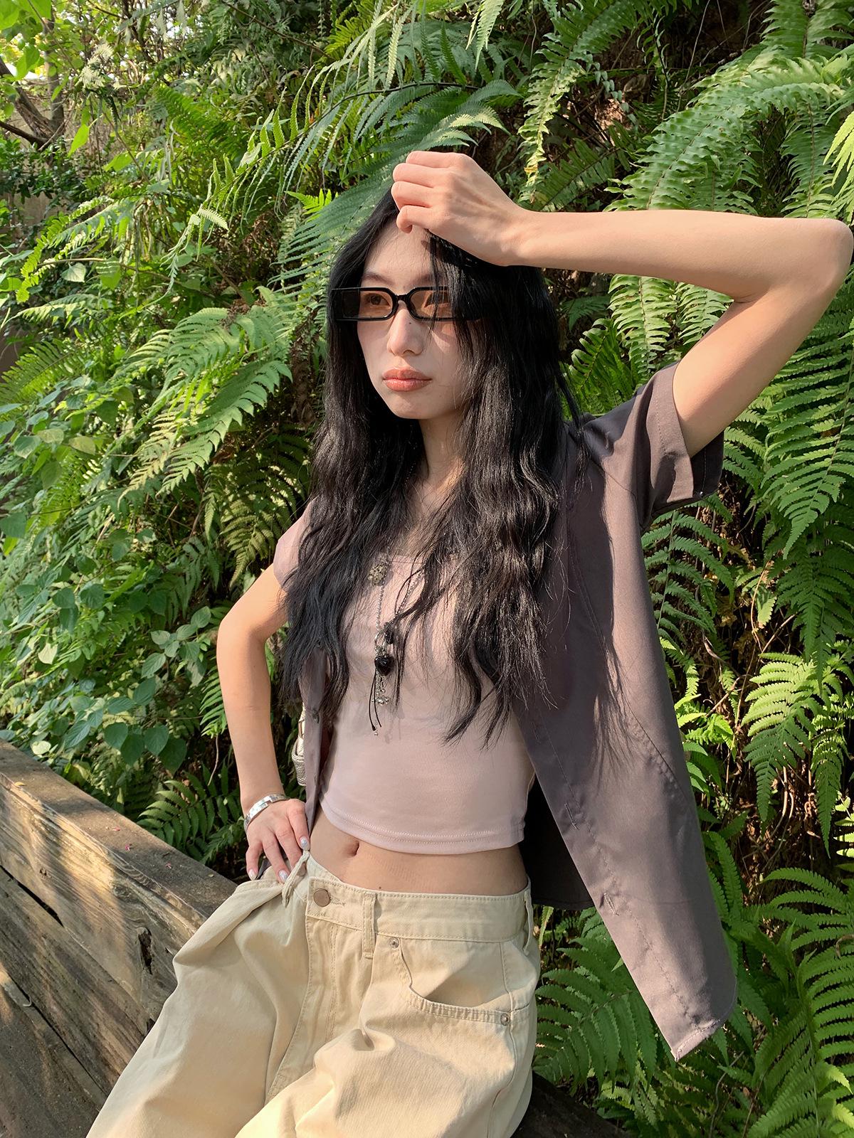 

[9hour] Trendy Women s Cropped Streetwear Shirt - Spring 2026 Patchwork Design (m3905) One Size сірий колір