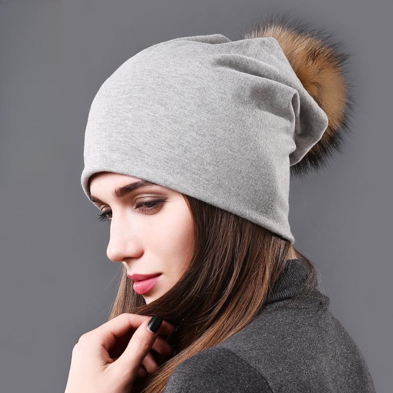 Damen Echter Waschbärfell Bommelmützen Beanies Herbst Winter Warm Einfarbig Mützen Für Frauen Mode Baumwolle Skullies Dünne Mütze