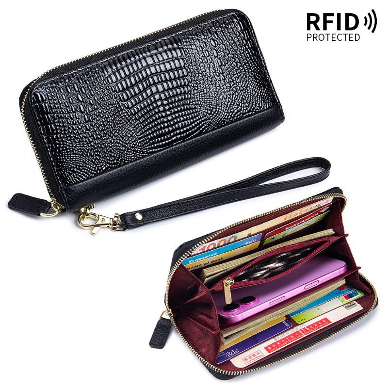 New women s leather long wallet fashionable crocodile pattern classic mobile phone bag patent leather simple clutch bag large capacity чёрный