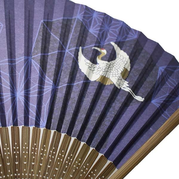 Kimono Folding Carved Karaki Navy Blue with Crane Design [Stylish Iroha] Men's Fan, Wood, Scented,