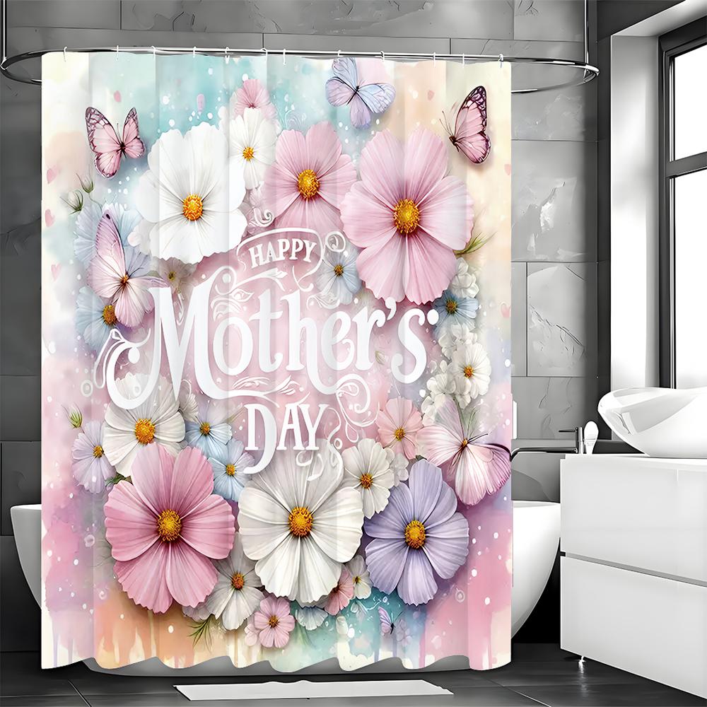 Happy Mother's Day Watercolor Floral Butterfly Shower Curtain, Bathroom Decorative Shower Curtain, Waterproof Shower Curtain wit