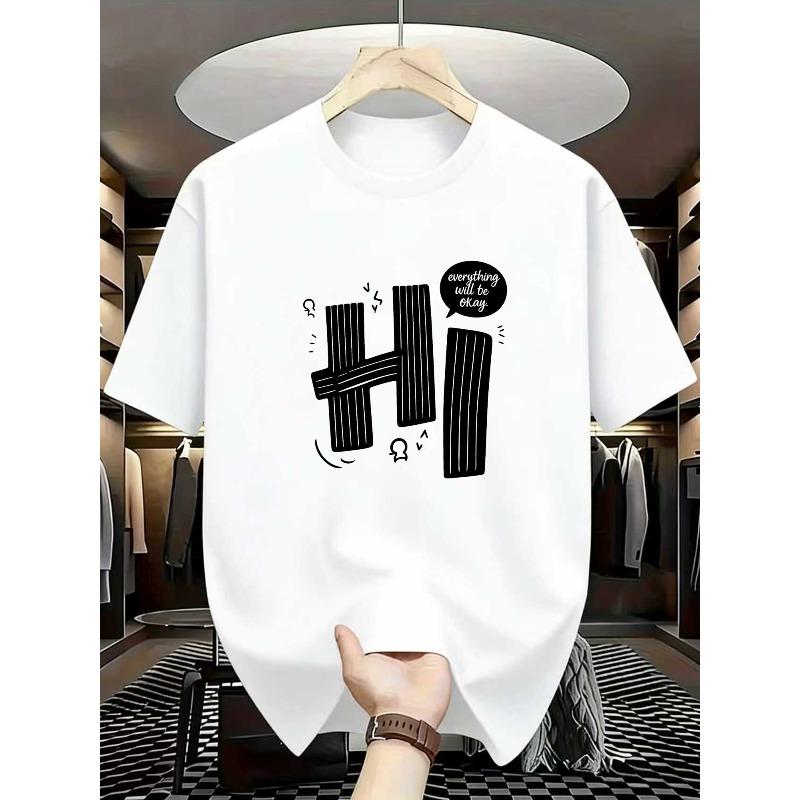 European Size Men's Creative Hi Letter Print T-Shirt, Crew Neck Casual Street Style Short Sleeve Top, All-Season Menswear Tee