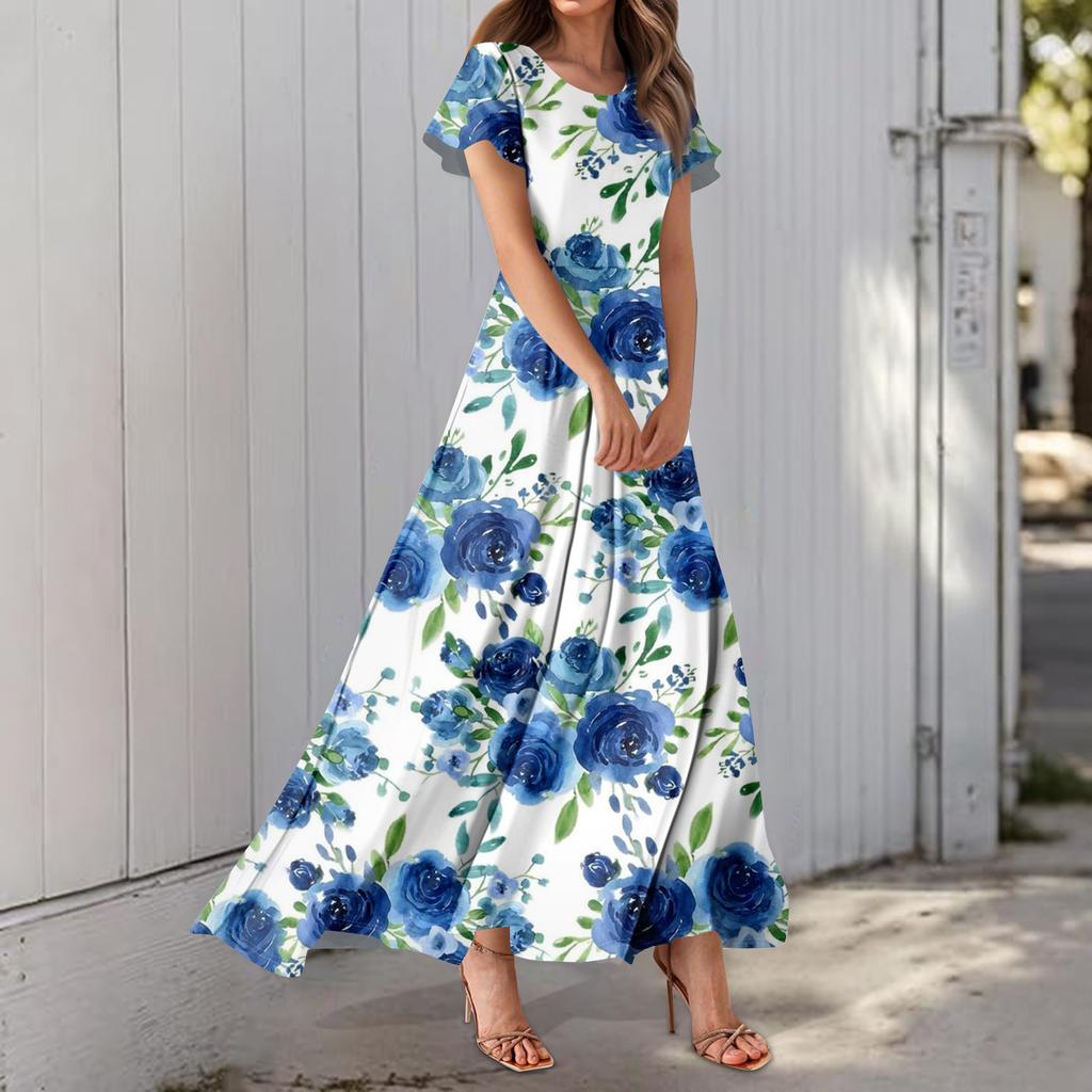 Rochie Casual cu Mânecă Scurtă și Gât Rotund pentru Femei, cu Imprimeu Hawaiian și Talie Înaltă