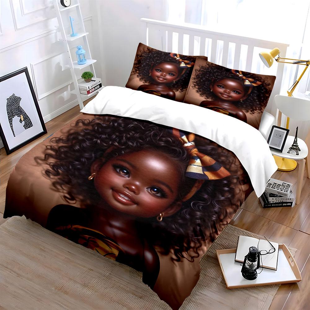 Curly Black Girl Portrait Duvet Cover Set African Art Warm Tone Bedding with 1 Duvet Cover 2 Pillowcases Single Double Gift