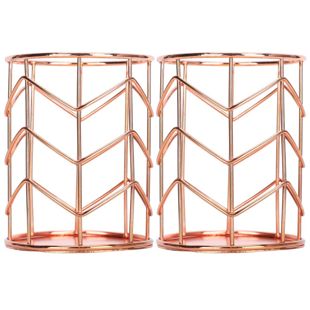 2Pcs Pen Holder Round Rose Gold Desktop Storage Basket Metal Mesh Makeup Organizer Box