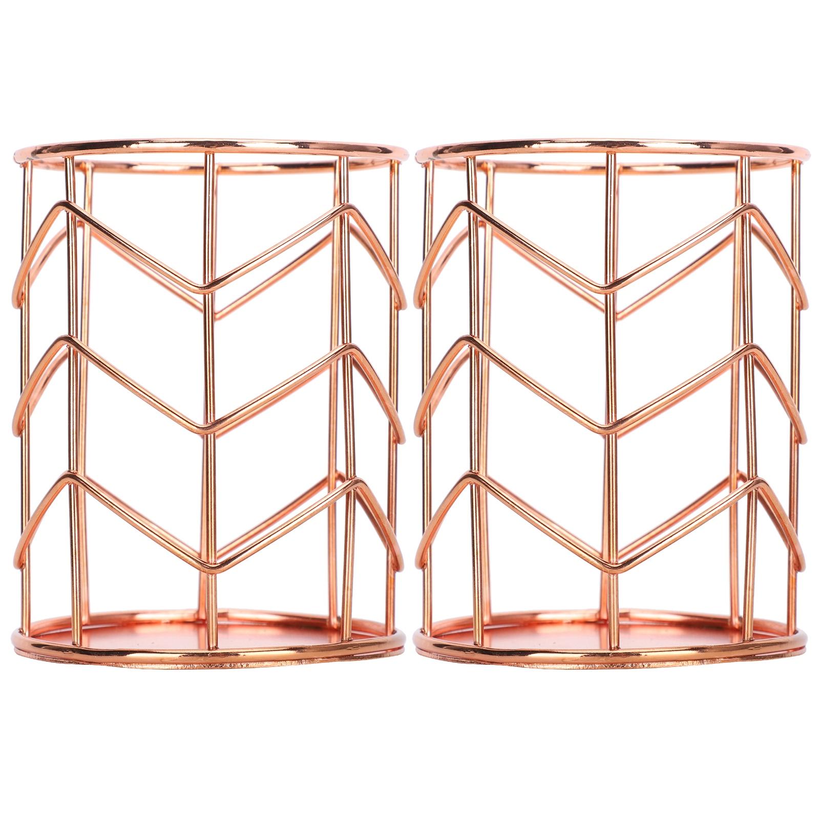

2Pcs Pen Holder Round Rose Gold Desktop Storage Basket Metal Mesh Makeup Organizer Box