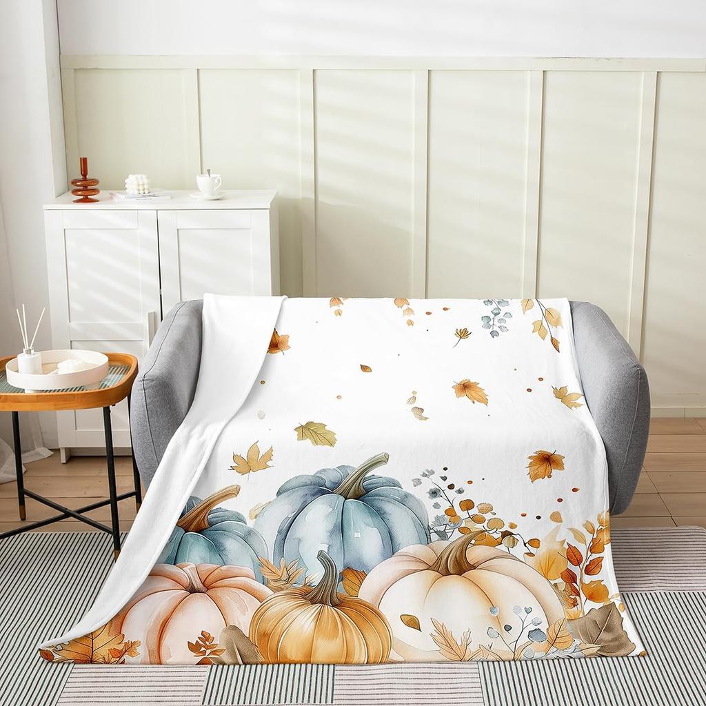 GUOYU Blanket Fall Pumpkin Harvest Fleece Flannel BlanketRustic Maple Autumn Leaves Bed Plush Blanket for Rustic Home DecorHarvest Patchwork
