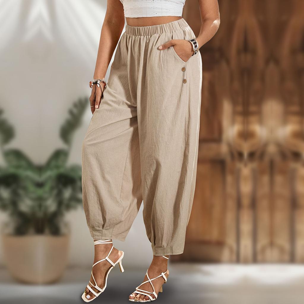 Neue Mode Damen Karottenhose Stoff Geknöpfter Aufschlag Elegante Damen Karottenhose