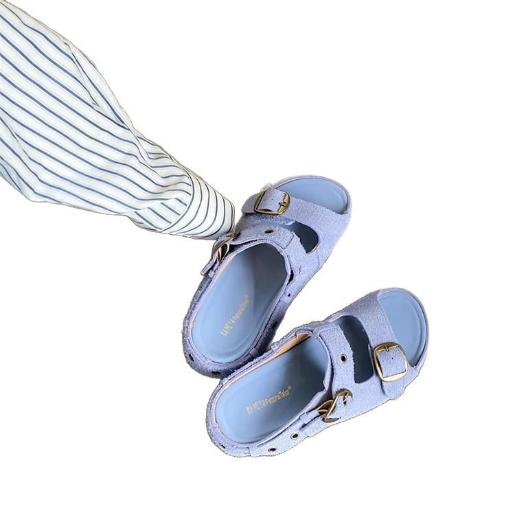 Cowhide Version Retro Niche Belt Buckle Thick-soled One-word Slippers Women Wear Versatile Beach Cool Slippers