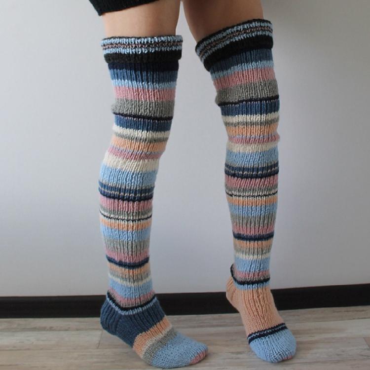 Autumn Slouch Crochet Knitting Colorful Striped Thigh High Long Socks for Women