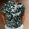 Women Short Sleeve Polo Shirt Light Khaki Dense Brown Leopard Spot Print Half Zip Lapel Top