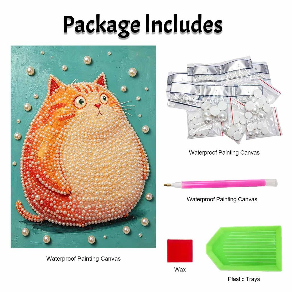 Creative DIY Framed Pearl Art Kit with Cute Fat Orange Cat Pattern Sparkling Bead Canvas Ready to Display Relaxing Gift for Adults
