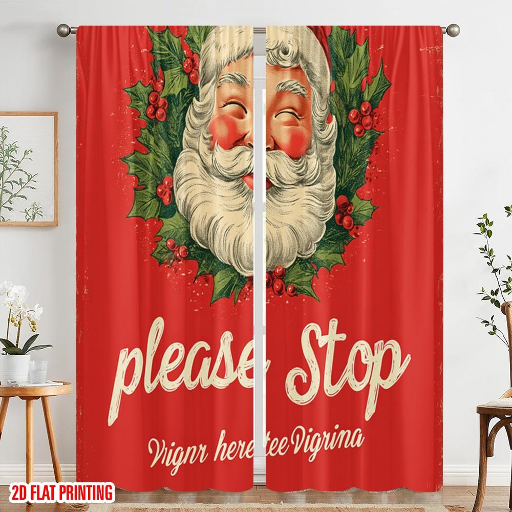 2pcs,2D Plane Printing Curtains Digital Printed Santa Please Stop Here Versatile Polyester Fabric (without Rod) Decorations