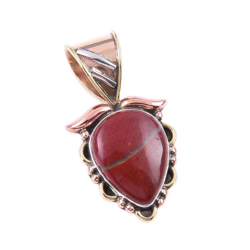 Natural Red Jasper Gemstone 925 Solid Sterling Silver TwoTone Pendant 1.25" I8K21