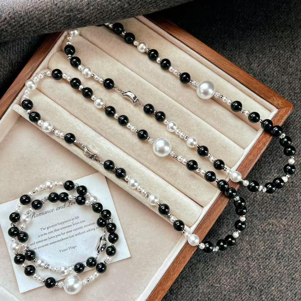 Collana con Catena alla Clavicola in Cristallo Artificiale Perla Nera Agata Naturale Maillard Vintage di Alta Qualità 10mm