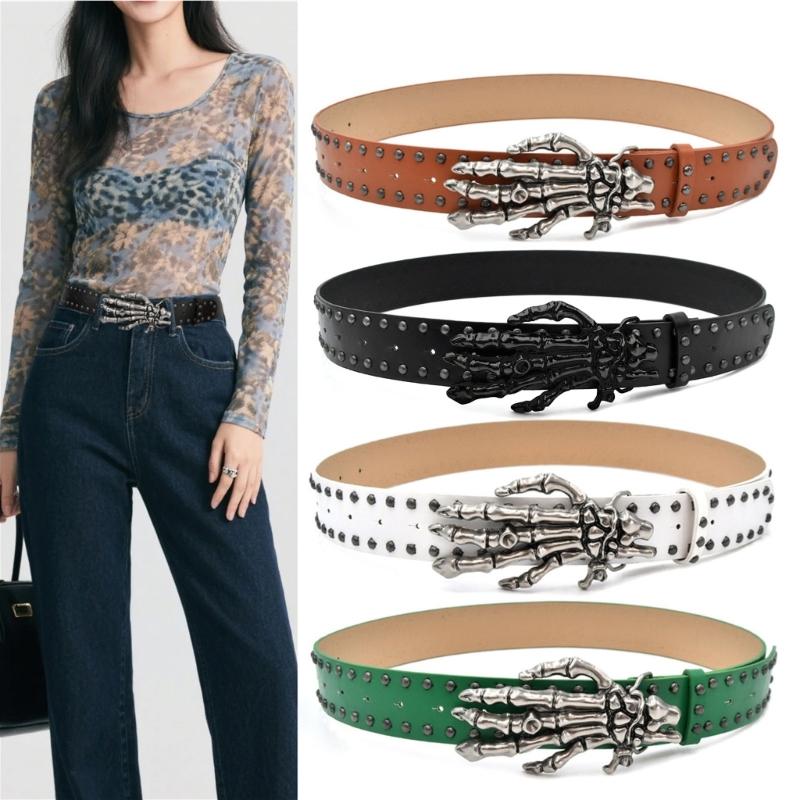 Skull Hand Design Faux Leather Belt for Men Women Adjustable Waist Strap Soft Lining for Casual Outfit or Party Wear