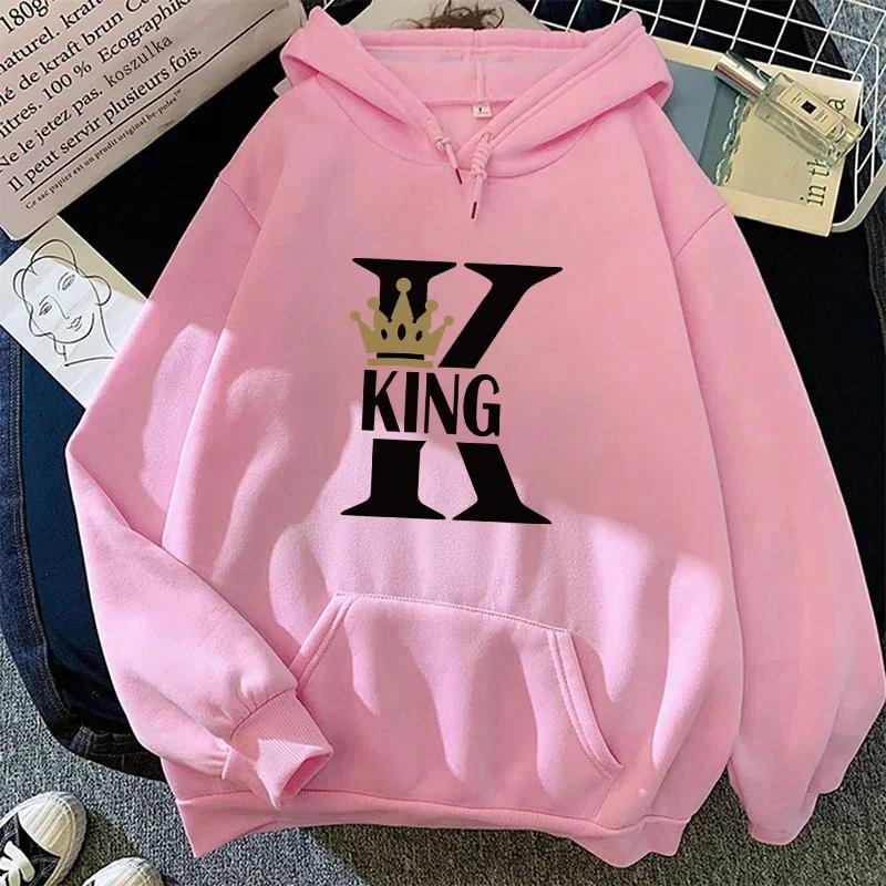 King Queen Tryck Hoodie för Kvinna Man 2025 Ny Ankomst Par Huvtröja Långärmad Pullover Hemma Utomhus Komfort Varma Sweatshirts