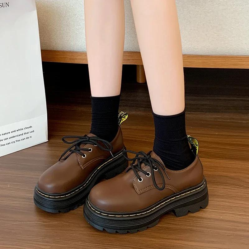 

Classic Thick-soled Loafers with Front Laces British-style Thick-heeled Oxford Shoes College Outdoor Fashion Style Zapatos Mujer 35 коричневый