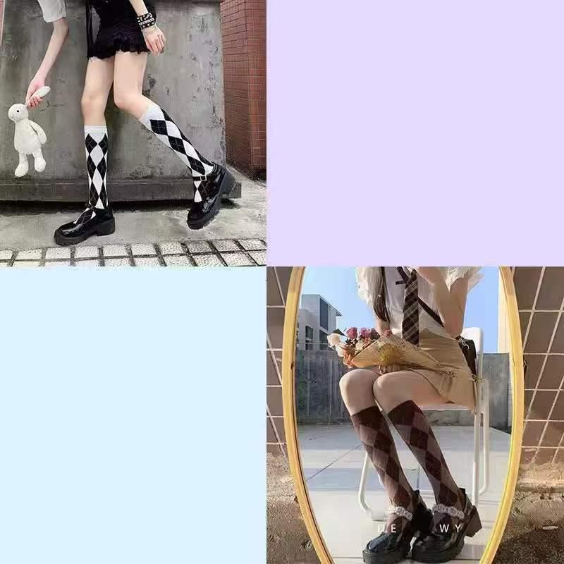 Women's Black and White Diamond Knee-High Socks - Trendy Japanese JK Style for Autumn and Winter