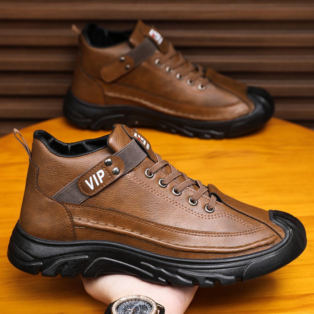 Men's outdoor leather shoes high-top outdoor boots versatile trendy men's shoes winter velvet thermal cotton shoes Martin boots
