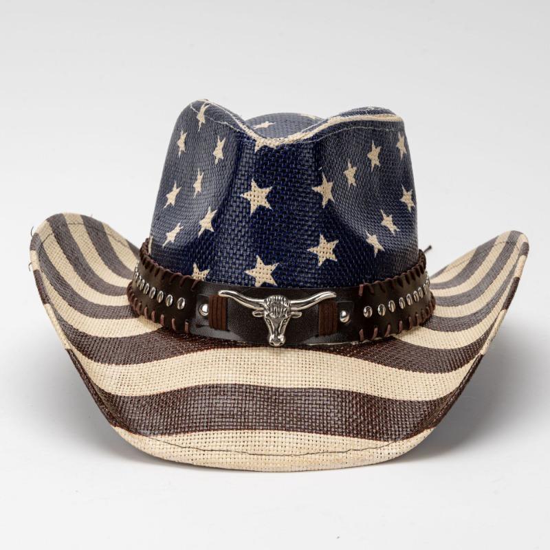 Unisex Vintage Amerikanische Flagge Print Gewebter Stroh Cowboyhut Mit Stierkopf Nietenband