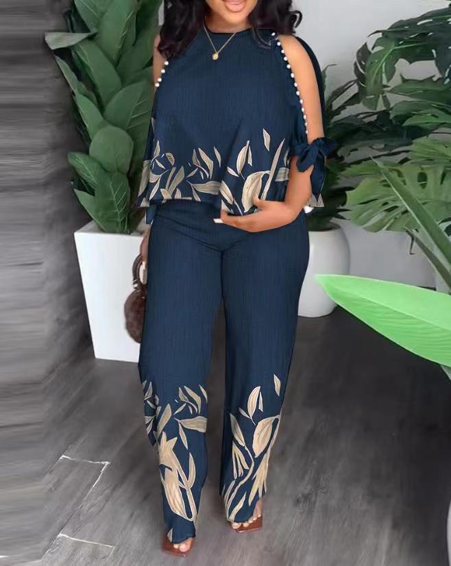 2026 Women s Round Neck Raglan Sleeve Beaded Print Long Pants Set Plus Size, European & American Style L синий