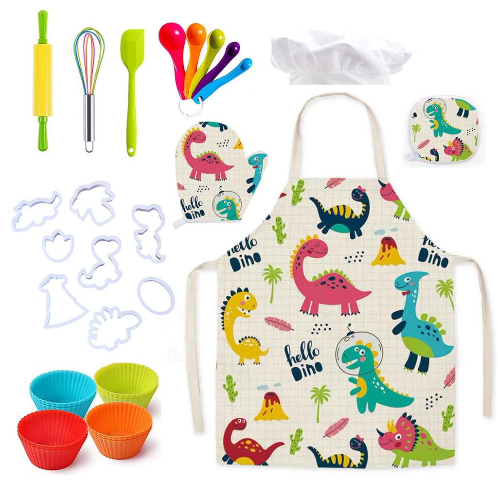 Vibrant Dinosaur Fabric Apron Kitchen Playset For Kids With Essential Accessories Baking