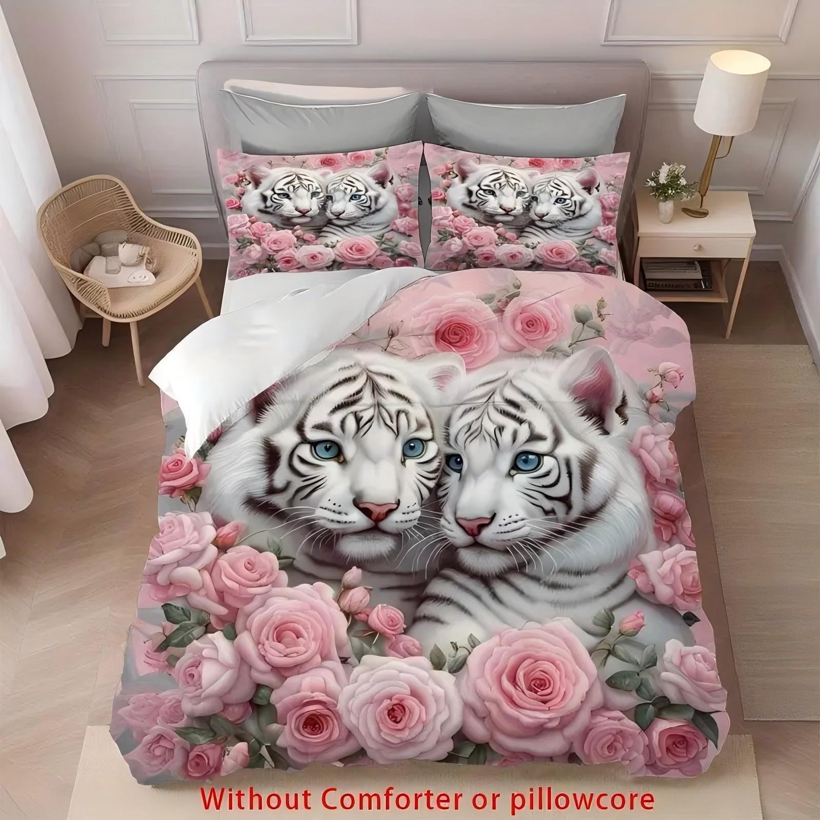 

White Tigers Roses Pattern 3D Printed Quilt Cover Elegant Soft Comfortable Bedding Cover Wildlife Theme Duvet Cover Pillowcase 135x200cm 2pcs