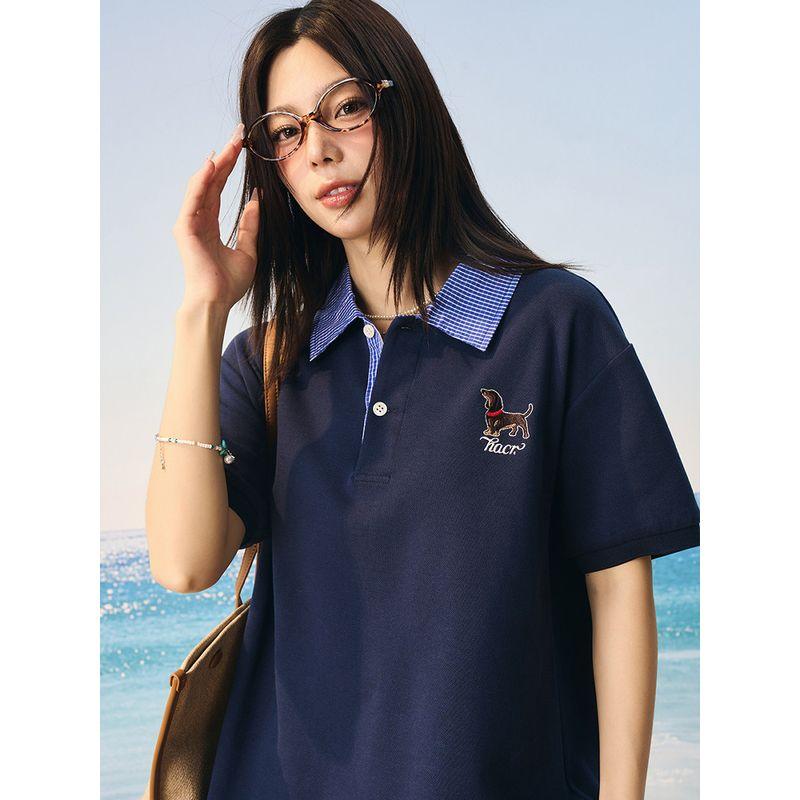HACR Women Harshandcruel Korean Style Retro College Plaid Collar Fake Two-Piece Color Block Embroidery Polo Shirt