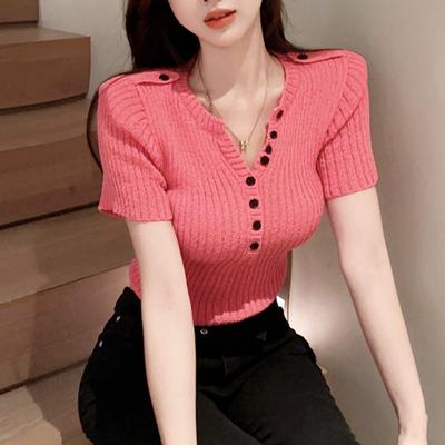 Candy Color V-neck Tie Buckle Short Section Knit Shirt Summer Thin Slim Slim Hundred Small Shirt Tops Female Casual Essential Slim Fit Pullovers Tees