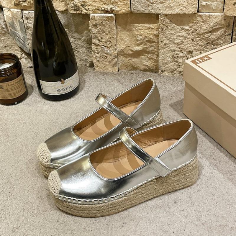 

Модные водонепроницаемые туфли на платформе, весенняя новинка, круглый носок, мелкий вырез, декоративная строчка, плетеная соломенная подошва, нескользящие туфли на плоской подошве 35