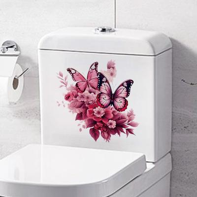 Romantische Aquarell Wandaufkleber Blume Schmetterling Tanz wasserdicht WC Badezimmer Toilettenaufkleber Sitzbezug Deckel Aufkleber