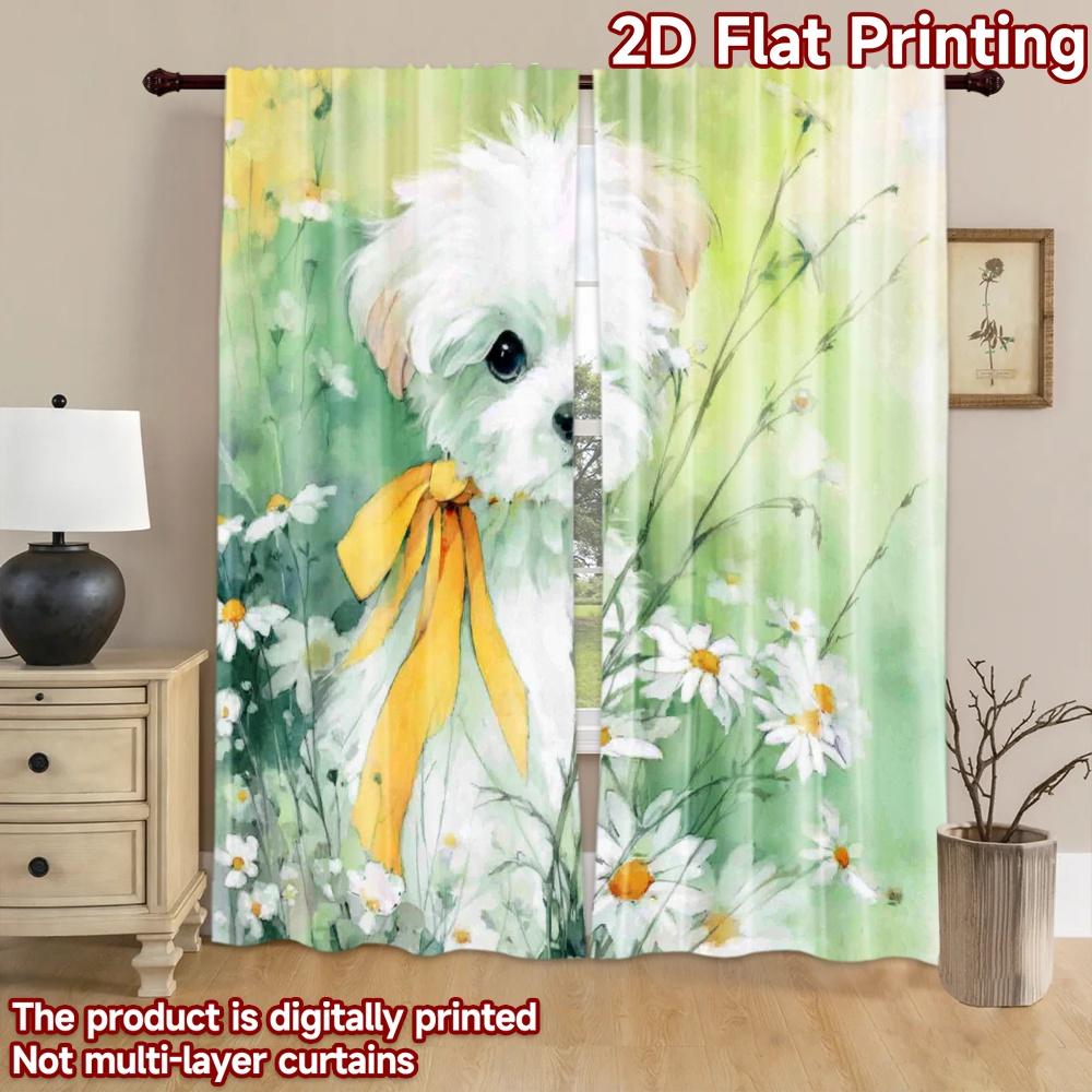 2D platt tryck 2 st Gardiner Söt Vit Hund Gul Rosett Prästkragar Digitalt Tryckta Polyestergardiner Festlig Väggdekor Använd för