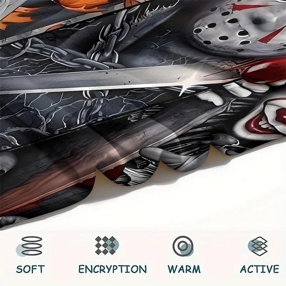 1 szt. Koc flanelowy z nadrukiem z filmu grozy, Wysokiej jakości, Wygodny na wszystkie pory roku, Wystrój domu, Ciepło i komfort, Idealny na prezenty świąteczne