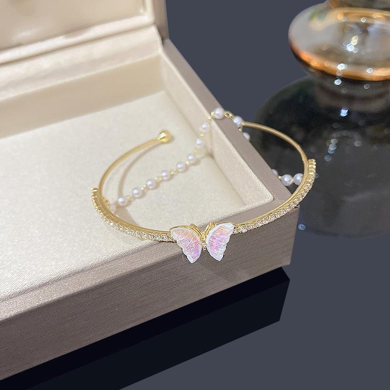 Korean Double-layer Color Butterfly Bracelet Women's Ins Wind Pearl Bracelet Niche Temperament Jewelry