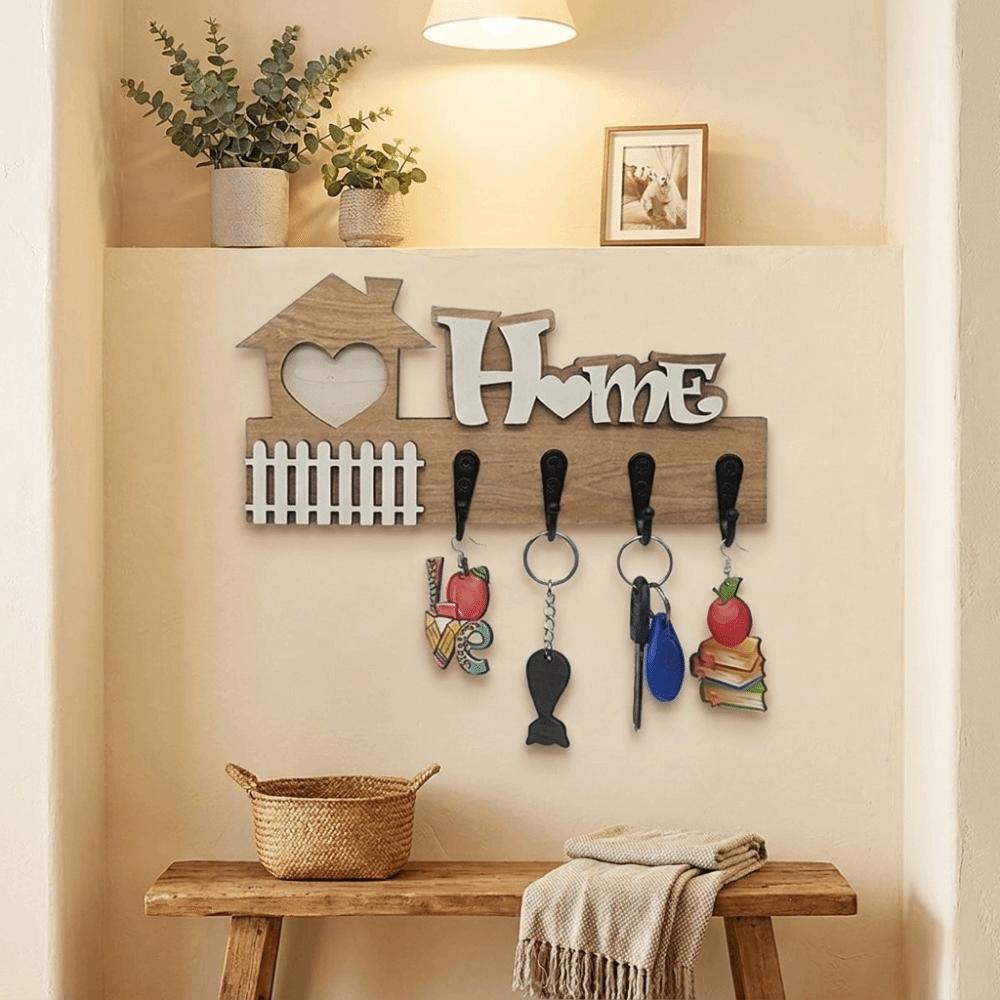 Vintage Wooden Key Hook 4 Hooks Wall Storage Rack Durable Wall-Mounted Key Holder  Office