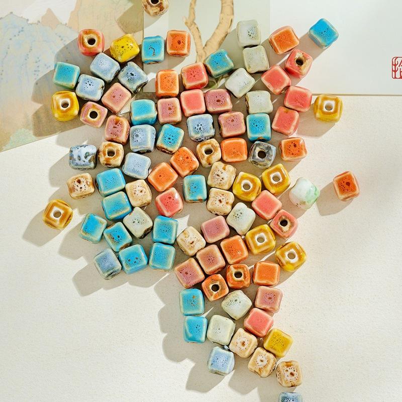 Jewelry accessories ceramic glazed beads small square loose beads for adults and students diy Beaded woven bracelet materials Small square flower glaze