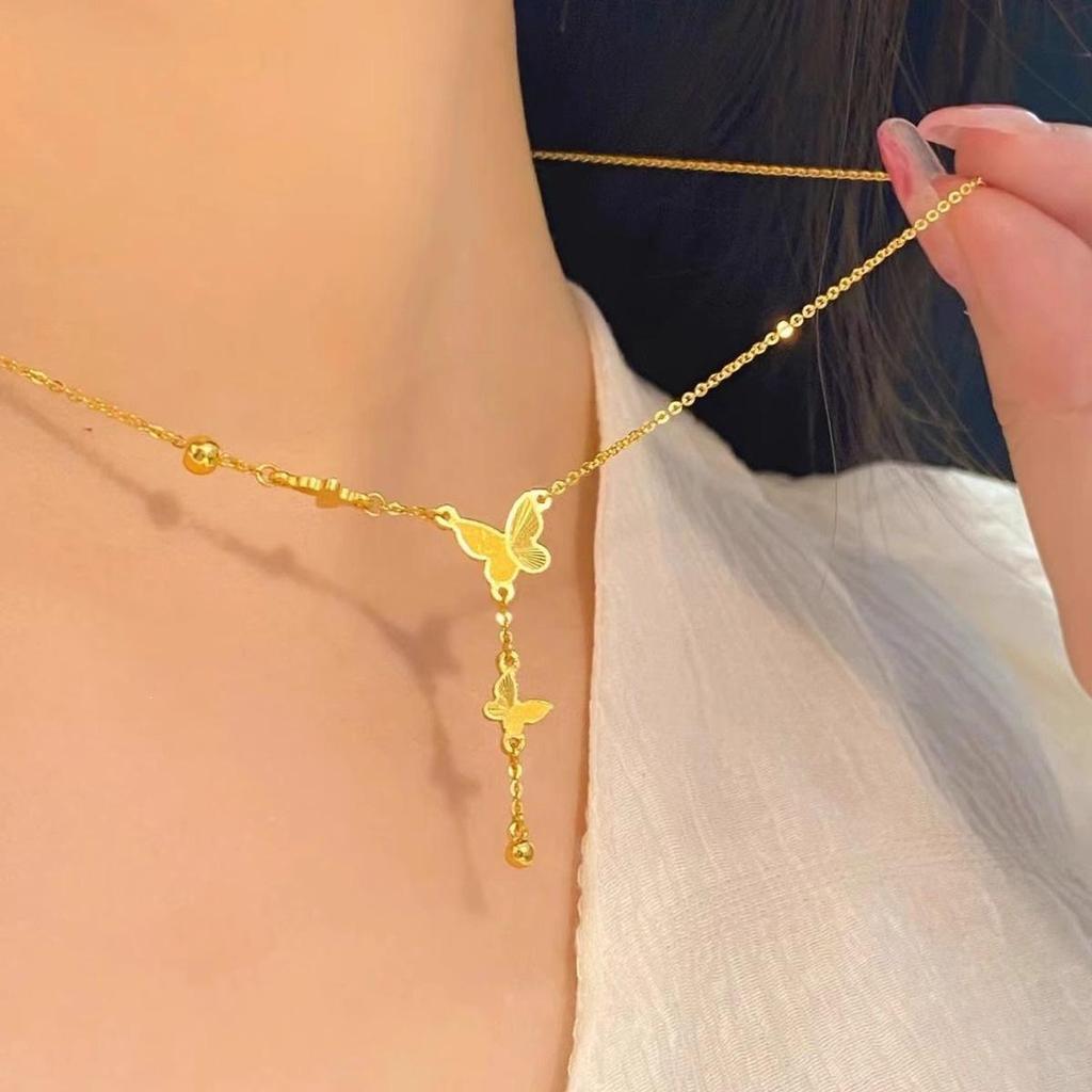 Elegant French Gold Butterfly Tassel Necklace - Versatile Light Luxury Clavicle Chain for Women