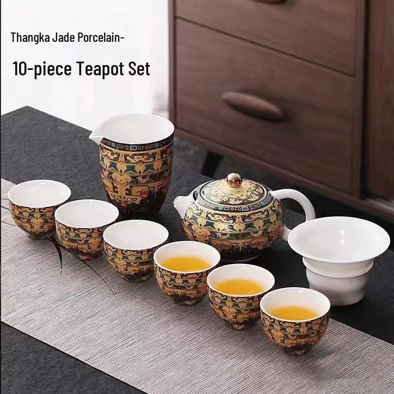 Thangka Jade Sancai Gaiwan Tea Set: High-End Kung Fu Style with Large Hand-Grip Bowl