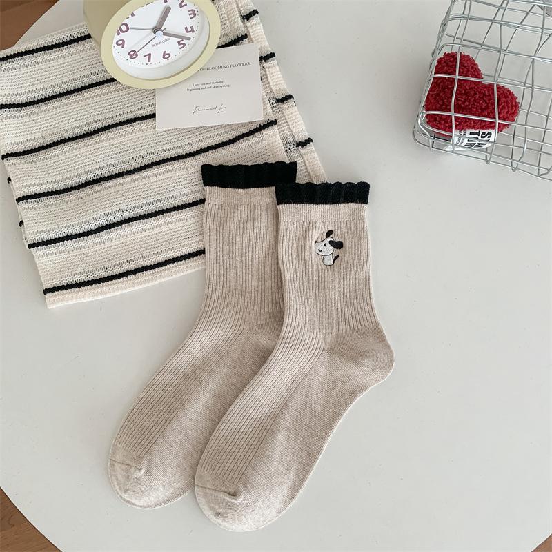 Dog Cartoon Embroidered Socks, Women's Pure Cotton Mid-calf Socks, Autumn and Winter Vertical Lace Socks, Versatile Casual Socks