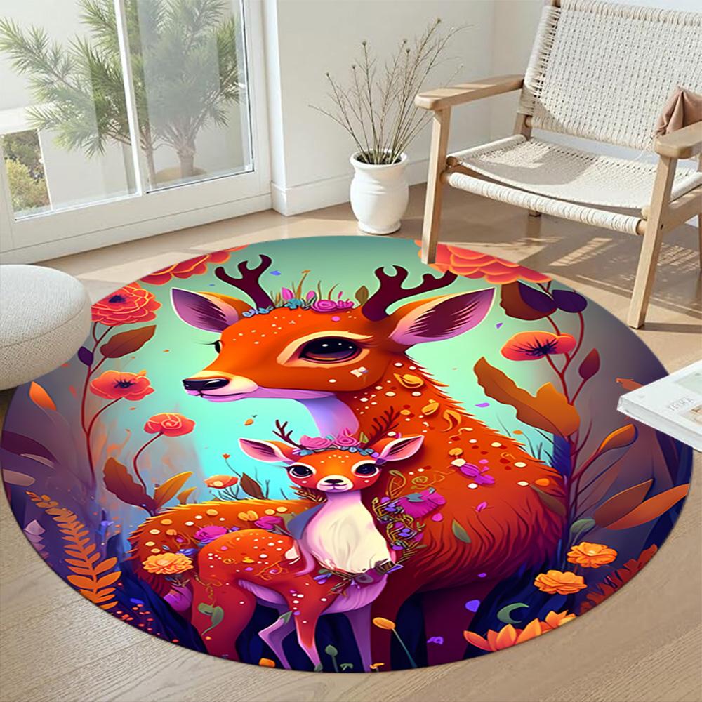 Elk Round Floor Mat Design for Dining Room Entryway Bedrooms Game Room Anti-slip Round Rug Decorate Offices Perfect Gift for Friends Family
