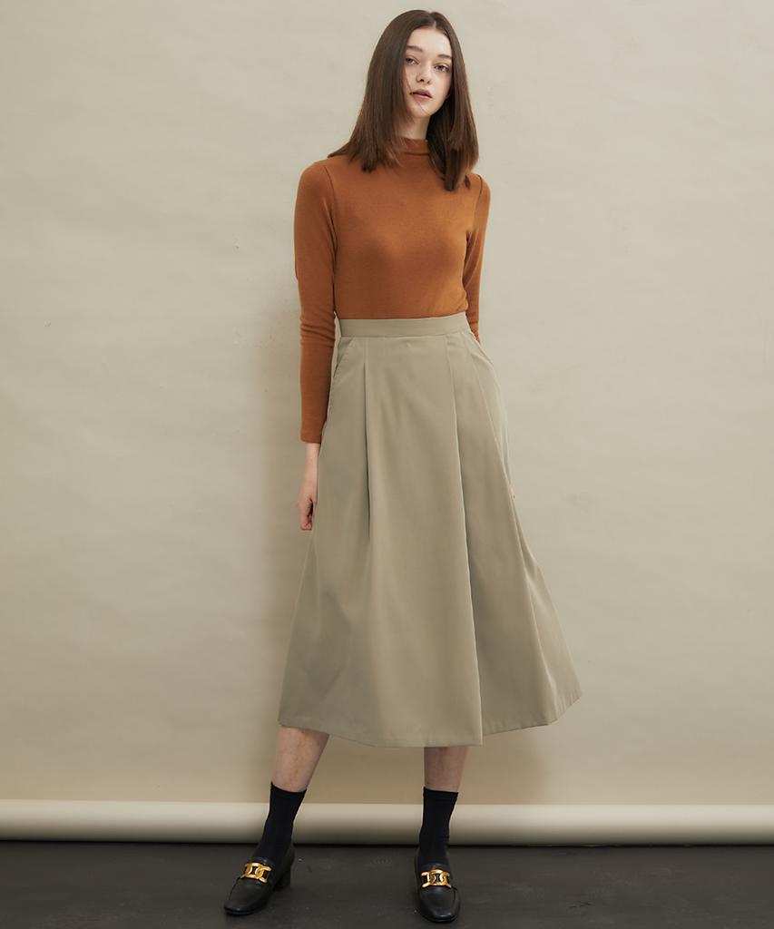 MANAVIS7 Pintuck A-Line Long Skirt [Beige]
