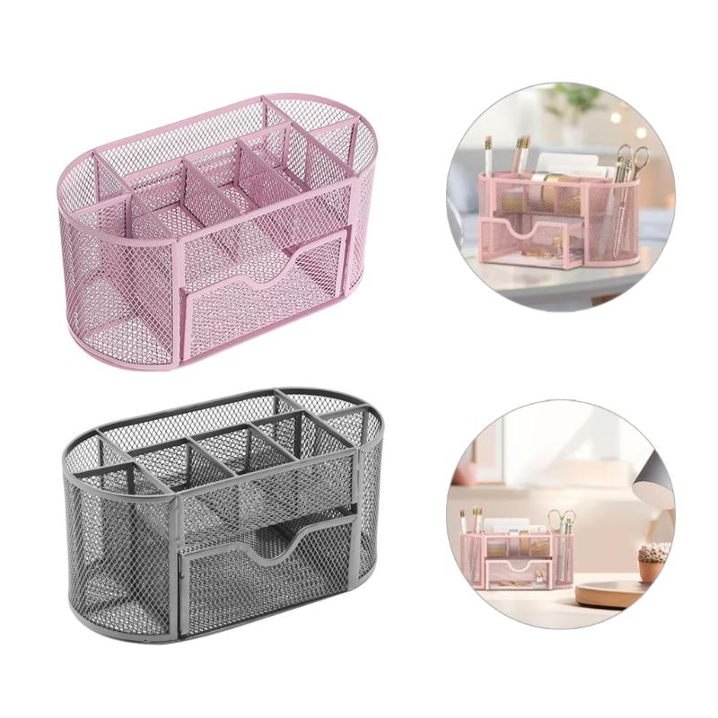 Multifunctional Office Desk Organizers with 8 Compartments and Sliding Drawer, Pen Holder Space Saving Pen Organizers