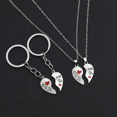 2 Set Sister Necklace Heart Shape Durable Stainless Cute Key Ring for Gift