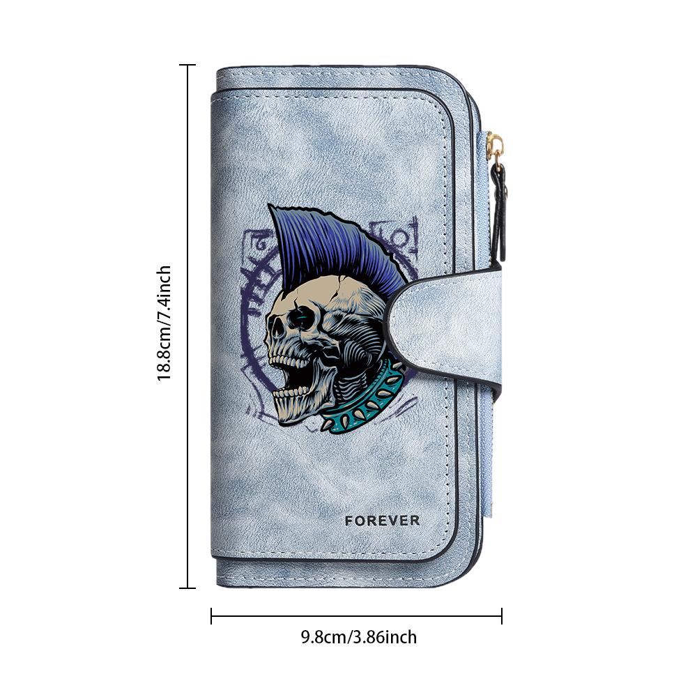 Skull Printed Long Wallet Punk Style Bifold Card Holder Large Capacity Casual Purse