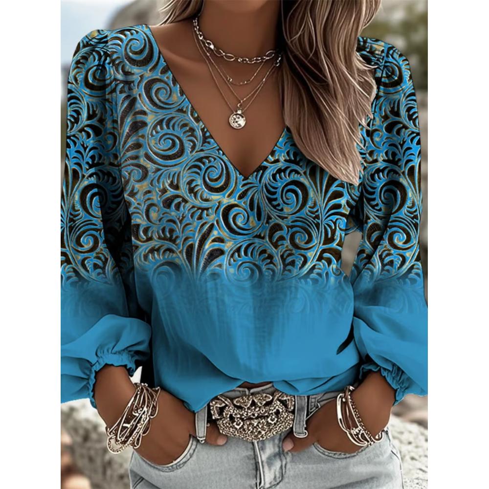 Women s Spring/Summer Retro Bohemian Casual Vintage Ethnic Print V-Neck Long-Sleeve Shirt, Women s Fashion Elegant Top S