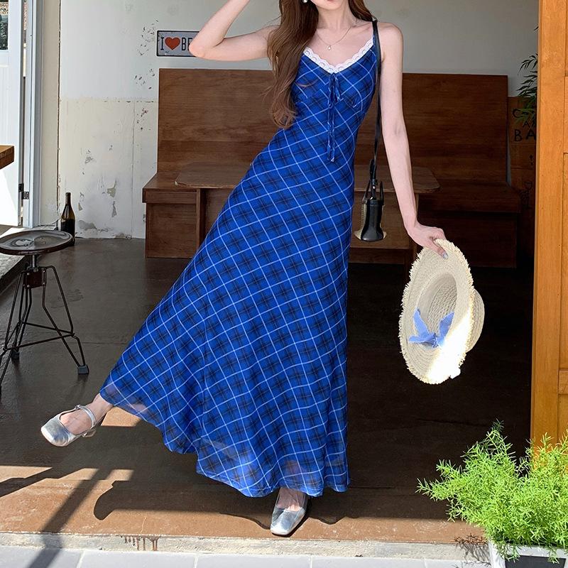 French Retro Plaid Suspender Dress Summer New Fashion Spice Girl Style Design Sense Slim Dress Women